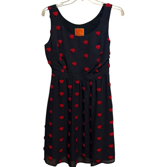 ModCloth Dress Navy Blue Chiffon Fuzzy Heart Appliqué Medium Twee Retro Quirky - Picture 5 of 9